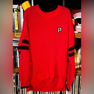 Pink Victorias Secret Large Chunky knit Varsity Sweater pullover hi low